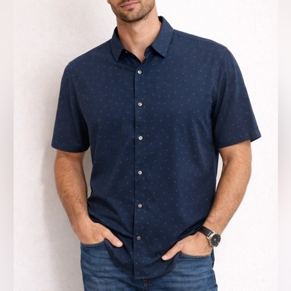 TravisMathew Mens XXL Navy Blue Geometric Print Short Sleeve‎ Button Down Shirt